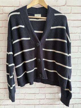 Striped V-Neck Navy and White Button Cardigan Sweater